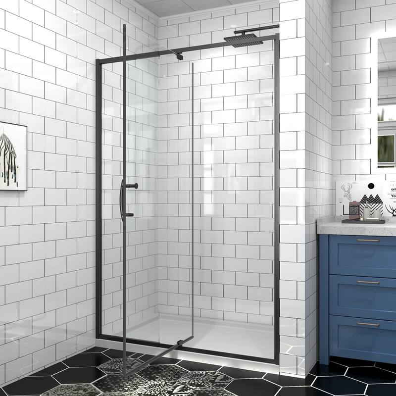 Modland 42''/48''/54''/60''W x 71''H Frameless Pivot Swing Shower Door Enclosure with 1/4" SGCC Tempered Glass Door - 48x71 - Matte Black