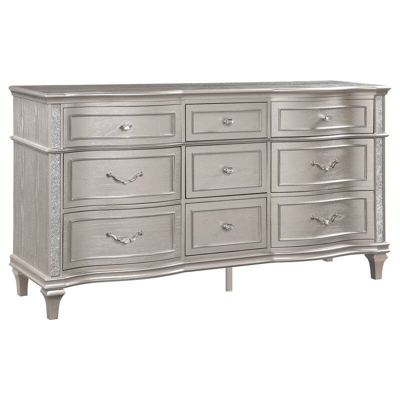 Nive 4pc Queen Bedroom Set, Ivory Channel Tufted Bed with Silver Oak