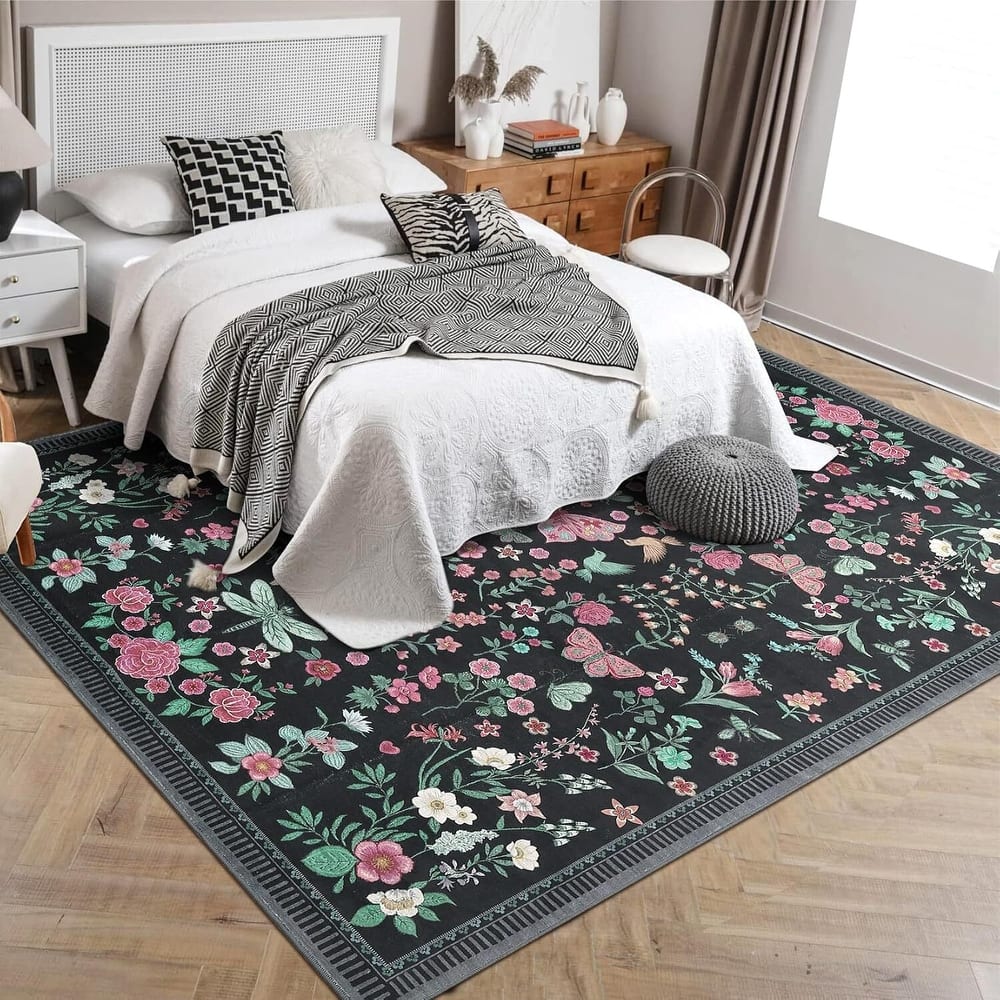 Modern Floral Machine Washable Indoor Waterproof Area Rug for Bedroom, Living Room, Black - 2' x 3'