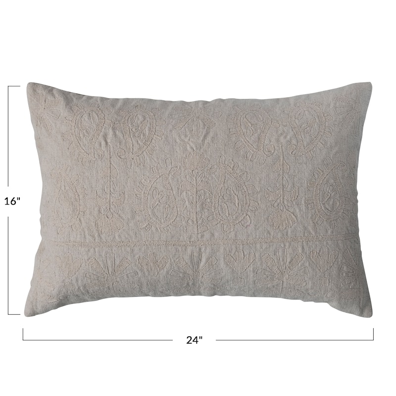 Cotton Lumbar Pillow with Embroidered Paisley Pattern