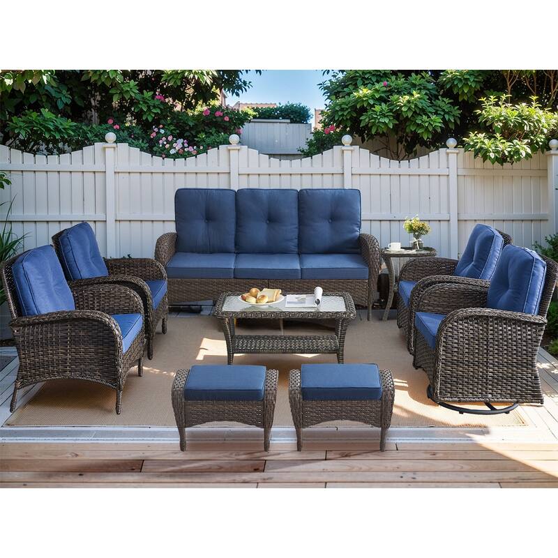 9-Piece SofaPatio Wicker Swivel Chair with Glass-Top Tables - Brown - Blue