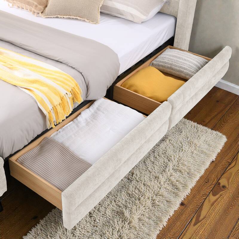 King Upholstered Bed Frame with Chenille Fabric, Soft Headboard and Underbed Storage Drawer, Modern Platform Design