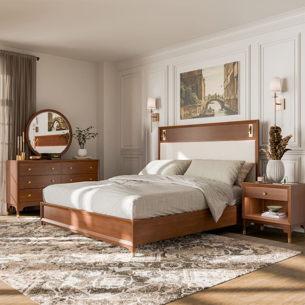 Furniture of America Forma Mid-Century Modern 4-Piece Walnut Solid Wood Platform Bedroom Set