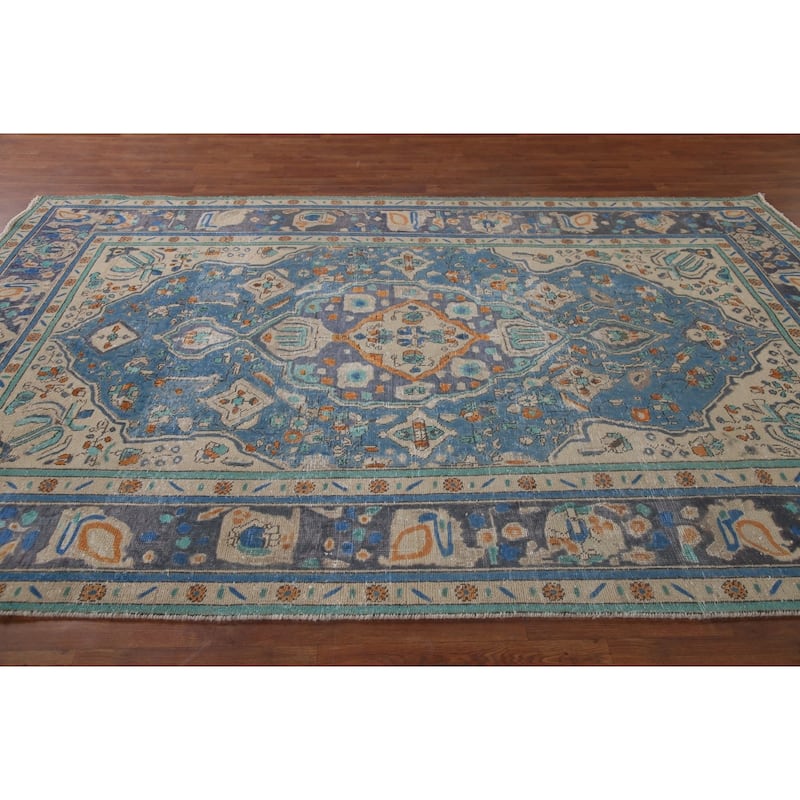 Antique Distressed Over-Dyed Tabriz Persian Rug Handmade Wool Carpet - 6'5" x 9'10"