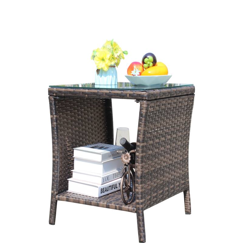 Anmytek Gray Rattan Side Table with Tempered Glass Top Indoor Outdoor Wicker Patio Table Double Tier Storage - 19.25*19.25
