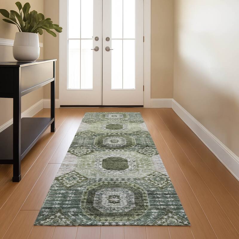 Premium Washable Super Soft Vintage Traditional Mayfield Rug - Olive - 2'3" x 7'6"