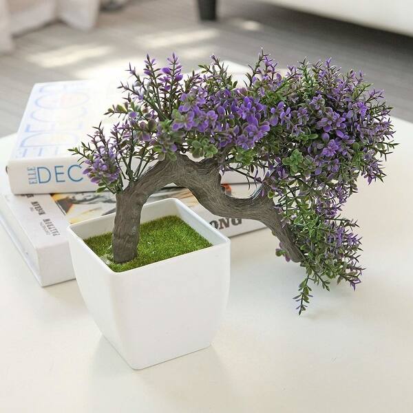 Shop Mygift Purple Blossom Artificial Bonsai Tree Faux Potted Plant W White Planter Overstock 27727968