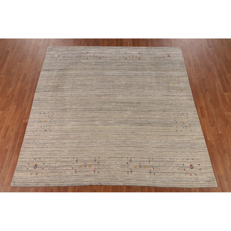 Earth Tone Gabbeh Indian Square Area Rug Handmade Beige Wool Carpet - 7'10" X 8'0"