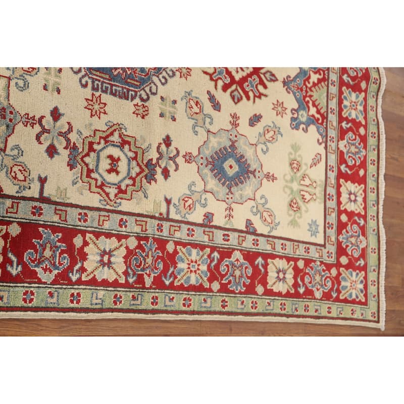 Geometric Beige Kazak Area Rug Hand-Knotted Traditional Wool Carpet - 5'0" x 6'3"