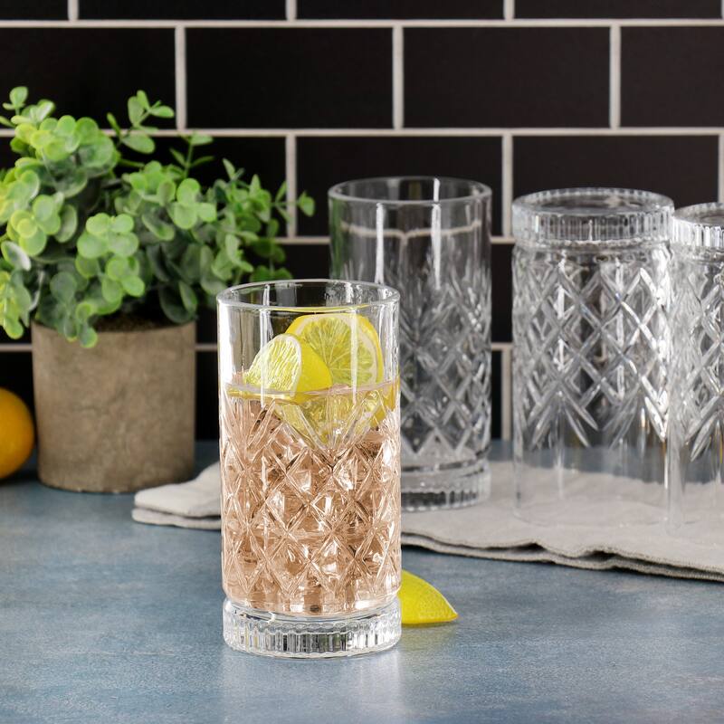 4 Piece 16 Ounce Diamond Embossed Glass Tumbler Set
