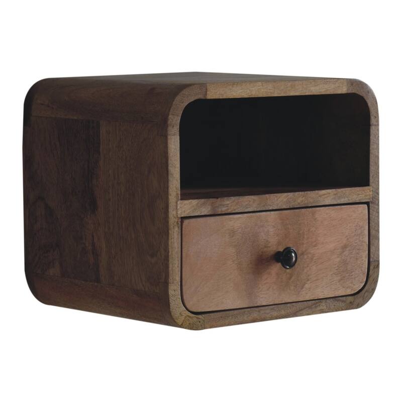 Ultra-Compact Wall-Mounted Curved Wood Nightstand with Drawer and Open Shelf