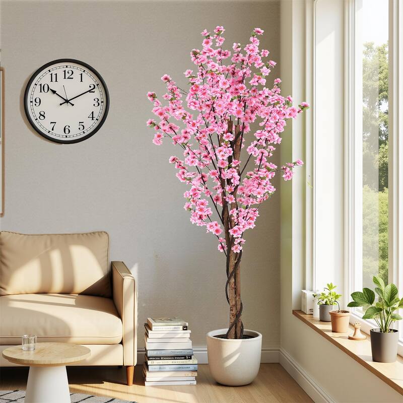 Roomfitters 6' Artificial Peach Blossom Tree with Black Plastic Pot, Lifelike Pink Flower Décor for Home & Office
