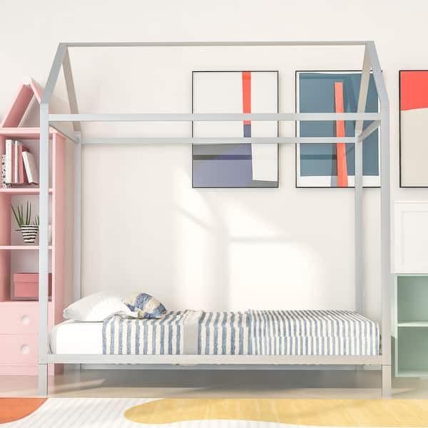 slide 2 of 9, Metal Silver Twin Size House Bed Frame for Kids Silver - Twin