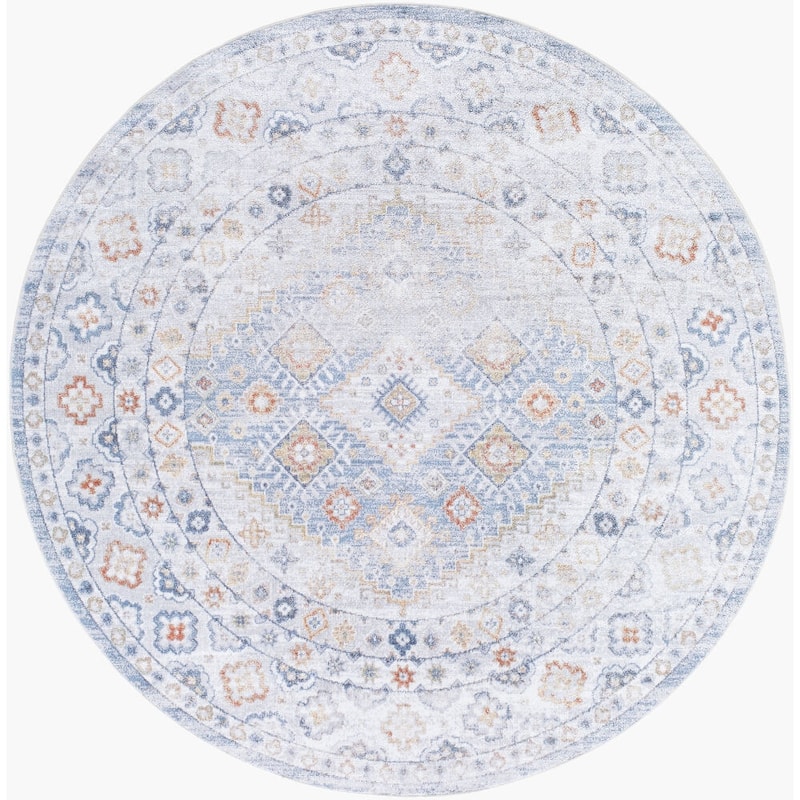 Livabliss Lillian Traditional Washable Area Rug - 6'7" x 6'7" Round - Blue/Ivory