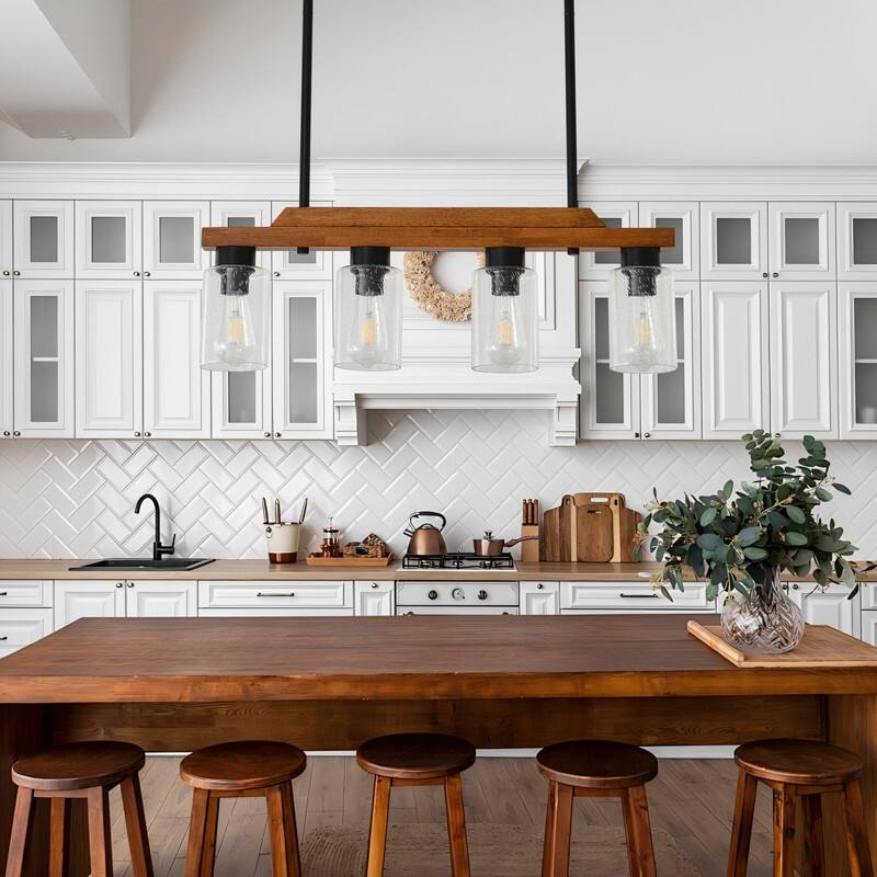 Farmhouse Chandelier for Dining Room Kitchen Island Rustic Wood Linear Pendant Light with Seed Glass Shade