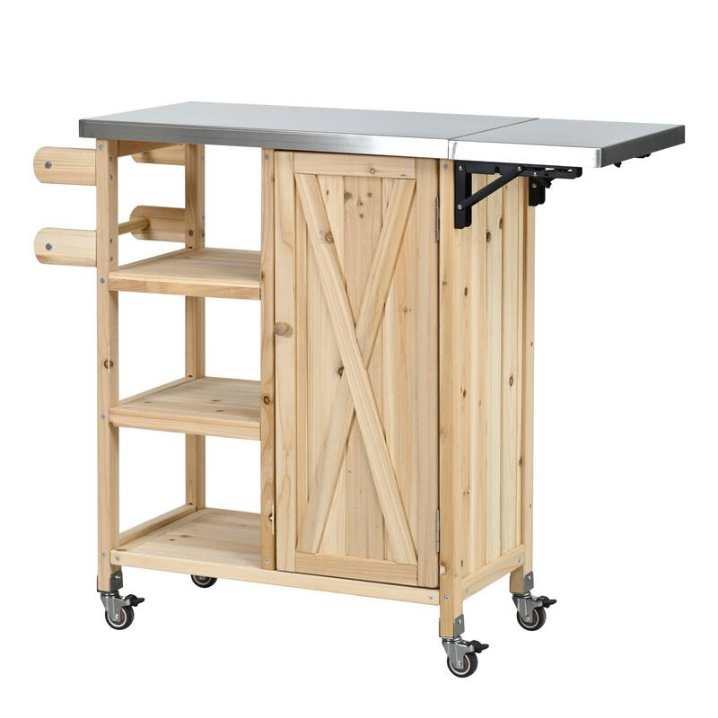Foldable Outdoor Kitchen Island Cart with Lockable Wheels and Storage Cabinet