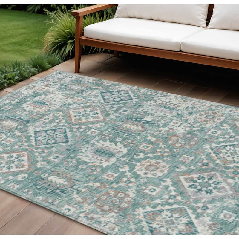 HomeRoots Floral Medallion Traditional Rectangle Outdoor Rug - 9' X 12'