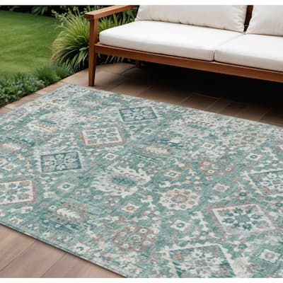 HomeRoots Floral Medallion Traditional Rectangle Outdoor Rug