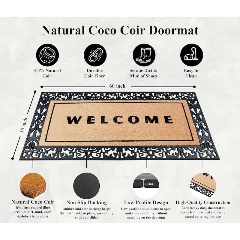 A1HC Rubber and Coir Heavy Duty Non Slip Welcome Indoor Outdoor Doormat, 30" X 60"