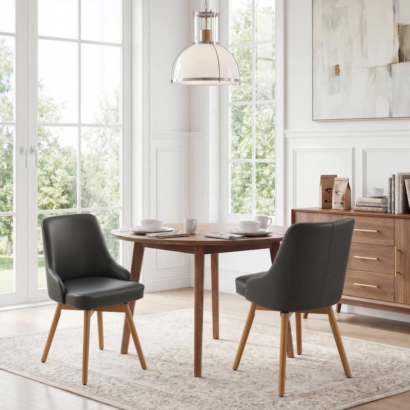 Art Leon Set of 2 Minimalist Dining Chair with Classic Wood Legs - Faux Leather - Dark Gray