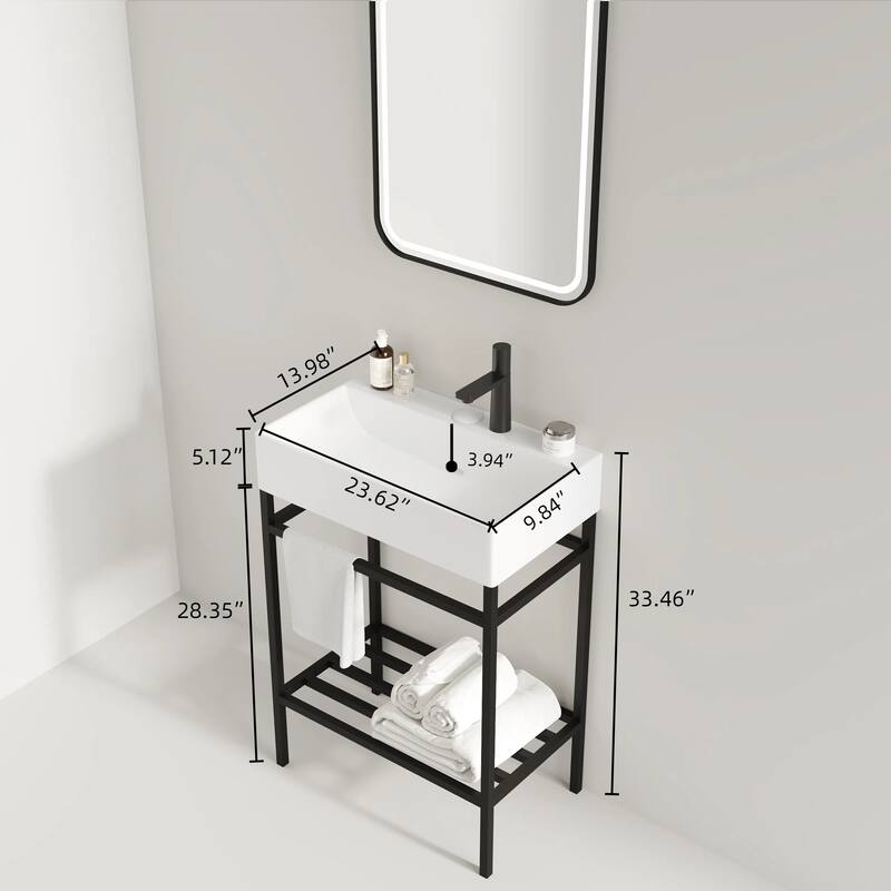 24" LOFI Freestanding Bathroom Vanity with Glossy Red Rectangular Ceramic Basin, Storage Shelves, Open Metal Leg Design
