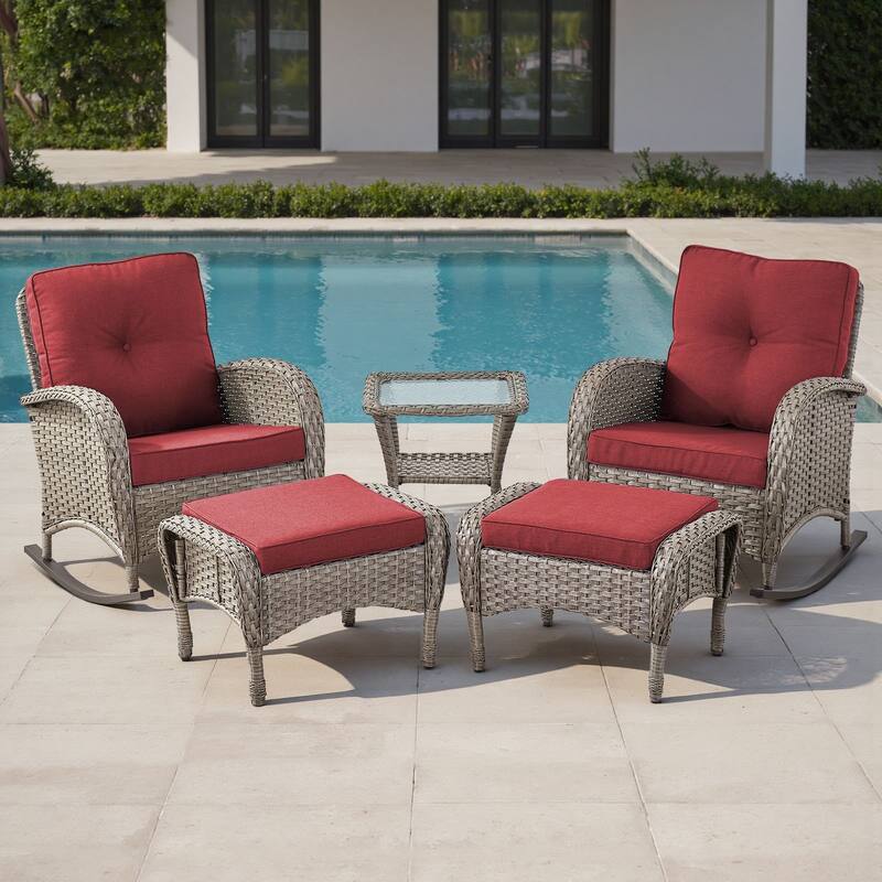 Gymojoy Premium Wicker Patio Furniture Set - Ultimate Comfort & Weather-Resistant Design - Grey Wicker / Red Cusion - Rocking Chair