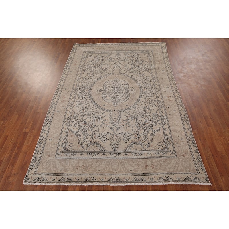 Distressed Tabriz Vintage Persian Rug Hand-Knotted Beige Wool Carpet - 6'6" x 9'11"