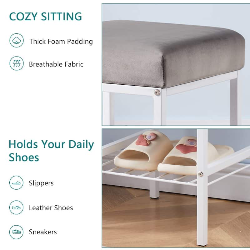 Grey Velvet Square Ottoman Footstool with White Metal Legs for Entryway Bedroom or Dressing Room