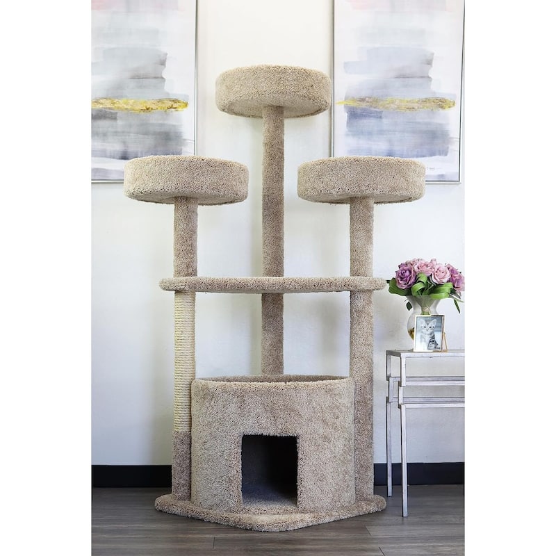 Extra Large Plush Carpet Cat House Tower with Spacious Beds, Thick Sisal Rope Posts and Solid Wood Frame for Big Cats
