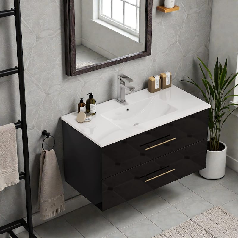 36" Gloss Wall-Mounted Bathroom Vanity with Integrated Ceramic Sink, Double Drawers & Long Gold Metal Handle