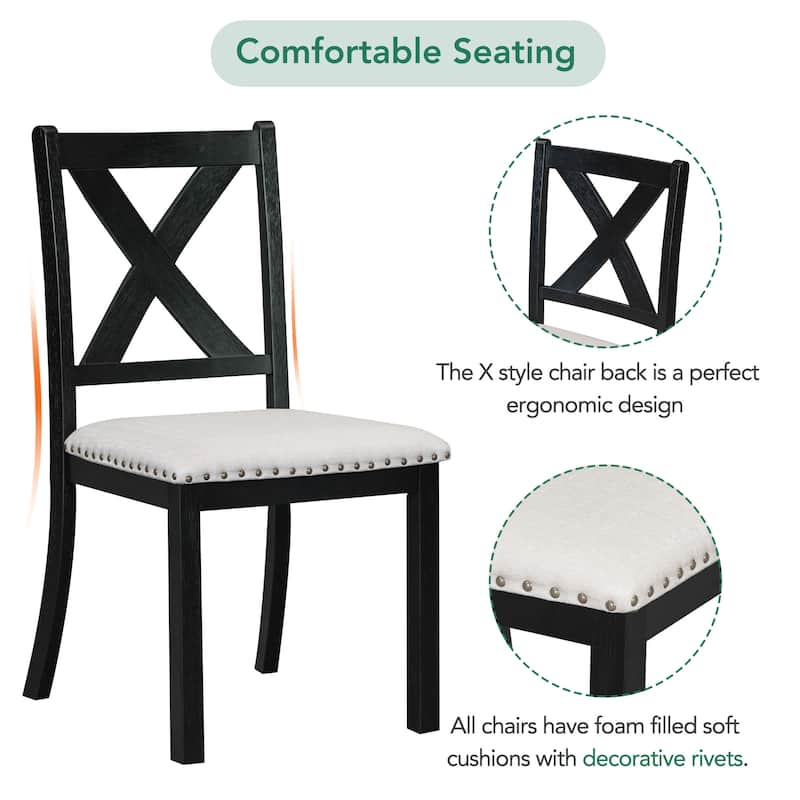 Roomfitters 82" Farmhouse Extendable 6-Piece Dining Table Set with Bench and 4 Upholstered Chairs, Two 11" Leaves