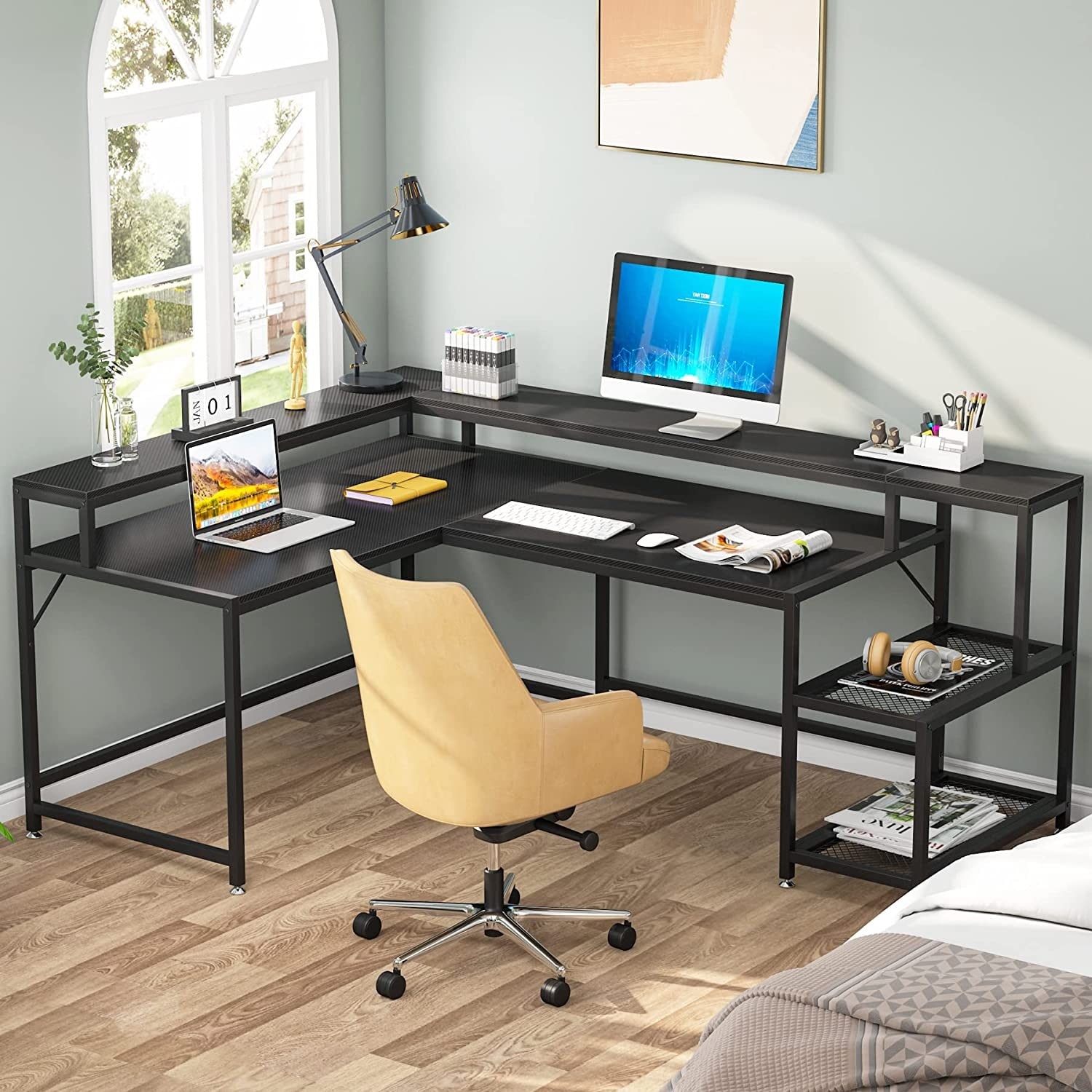 Madesa Gaming Computer Desk with 5 Shelves, Cable Management and Large Monitor Stand, Wood, 24 D x 53 W x 29 H - Black