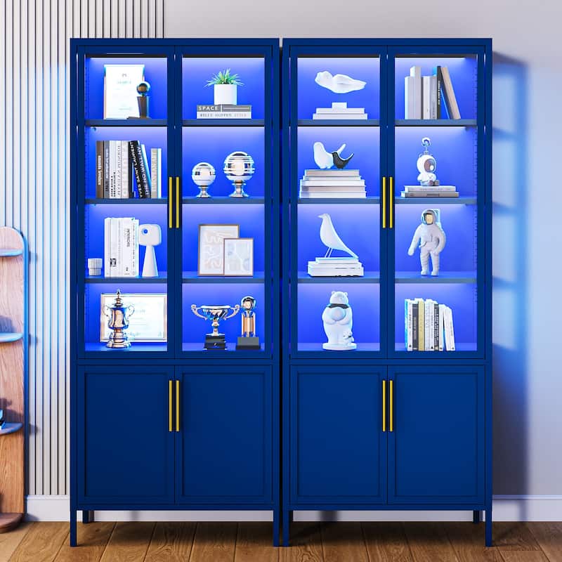 6-Tier Tempered Glass Curio Display Cabinet with 4 Doors, Adjustable Shelves, 13 Color Lights