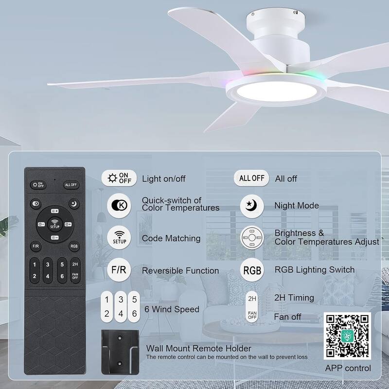 52 Inches Low Profile Flush Mount Ceiling Fan with LED Light,Reversible DC Motor - 52 Inches