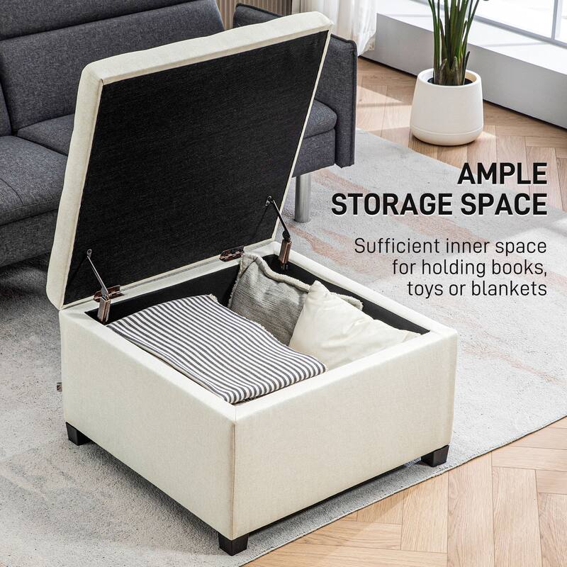 Fabric Tufted Storage Ottoman with Flip Top Seat Lid, Metal Hinge and Stable Eucalyptus Wood Frame