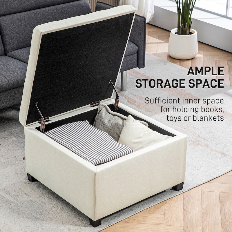 HOMCOM Fabric Tufted Storage Ottoman with Flip Top Seat Lid, Metal Safety Hinge and Stable Rubberwood Legs