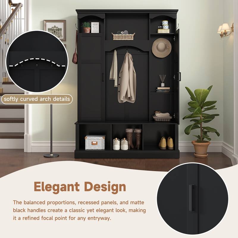 Modern Hall Tree with Adjustable Shelves Dual Cabinets Bench Entryway Organizer