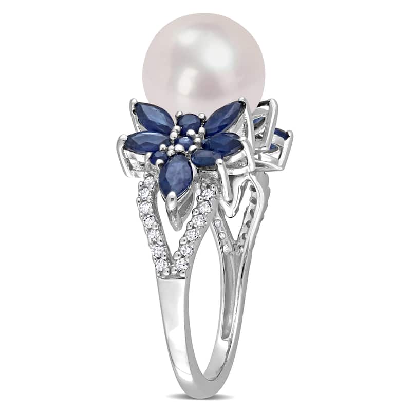 Miadora 9-9.5mm Cultured Freshwater Pearl 3/8ct TGW Sapphire 1/8ct TW Diamond Ring in 14k White Gold