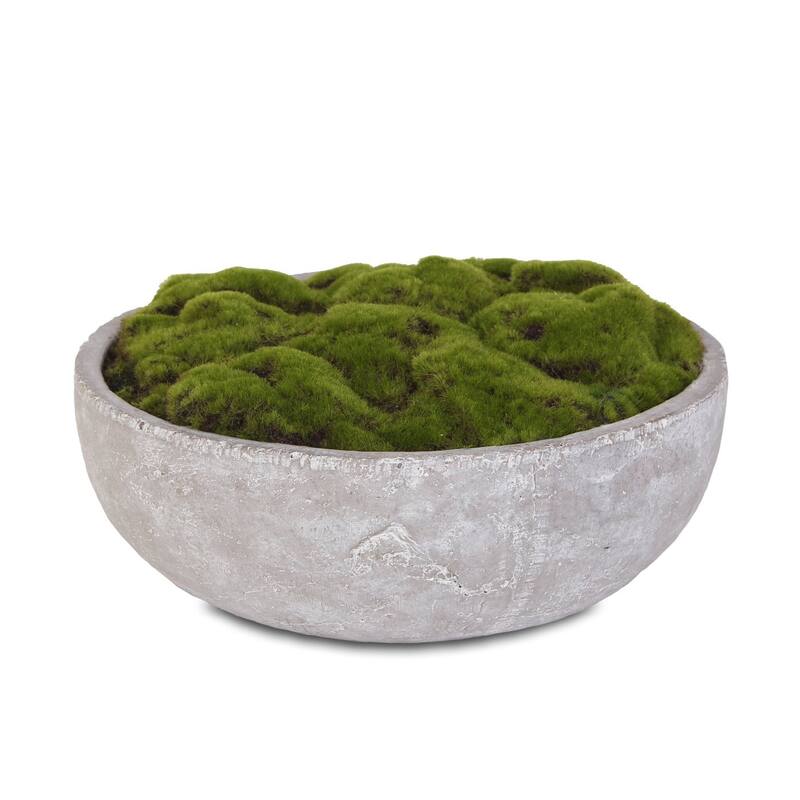 Artificial Fake Moss Arrangement in Round Stone Wash Cement Bowl - 14.5W x 14.5D x 2H