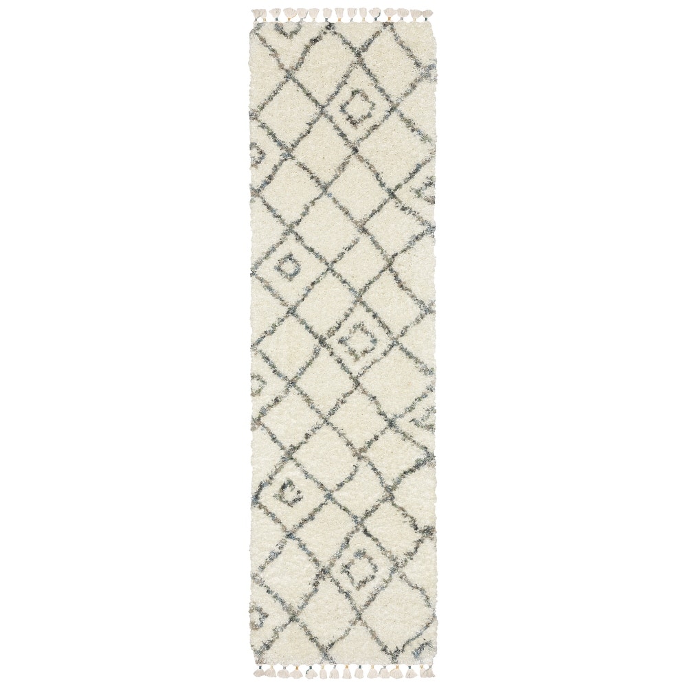 Style Haven Aire Diamond Lattice Ivory/ Multi Shag Tassel Fringe Area Rug.