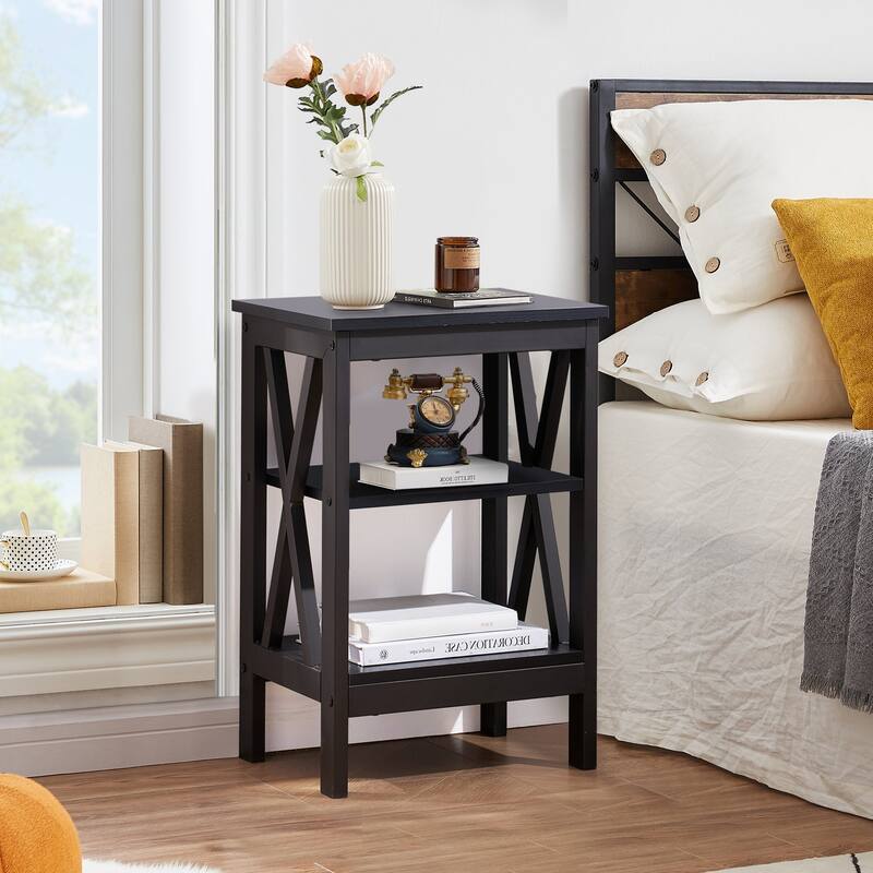 VECELO Modern Nightstand with 3-tier Storage Shelves - Black