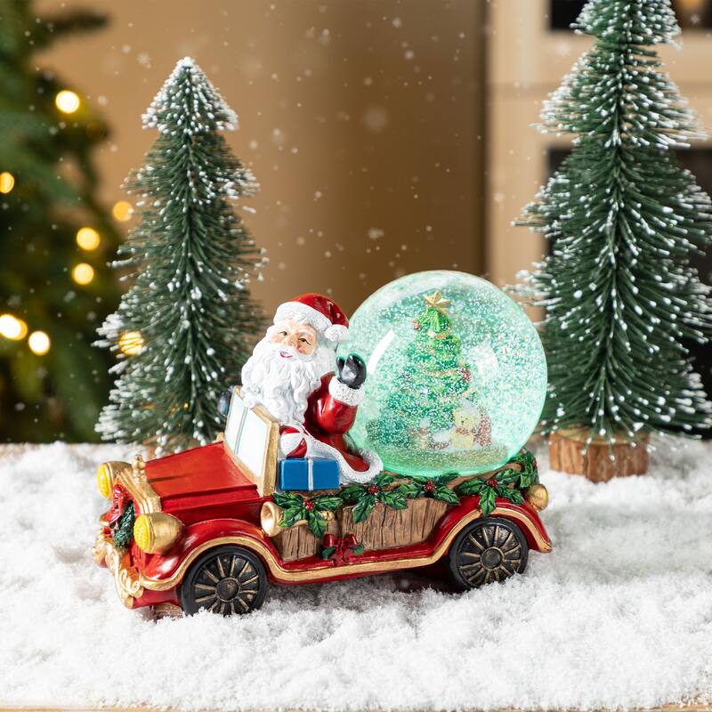 Glitzhome 100mm Christmas Resin Lighted Musical Snowflakes Santa Car Waterglobe