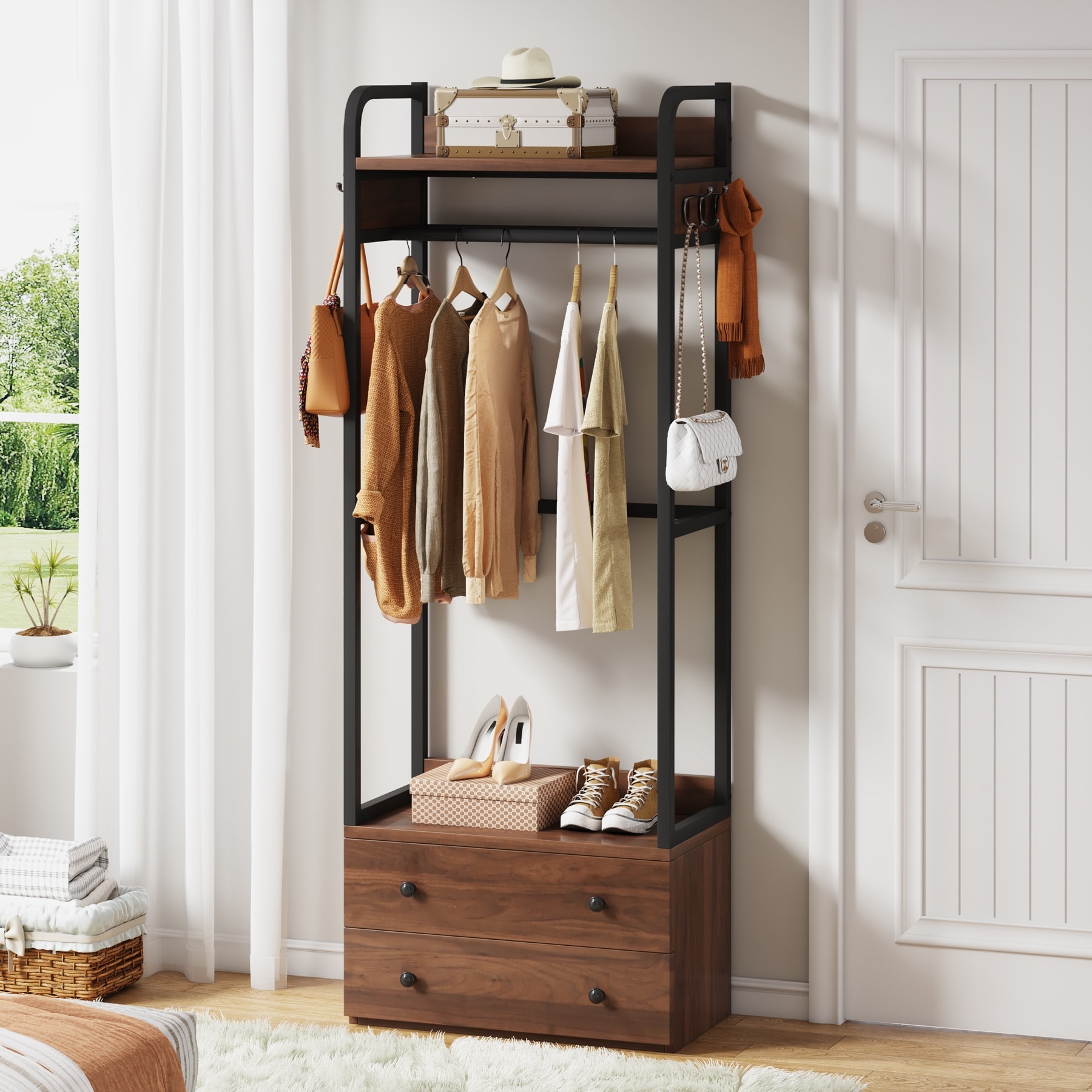 Freestanding Closet Organizer Small Clothes Rack Coat Rack with Drawers and Shelves