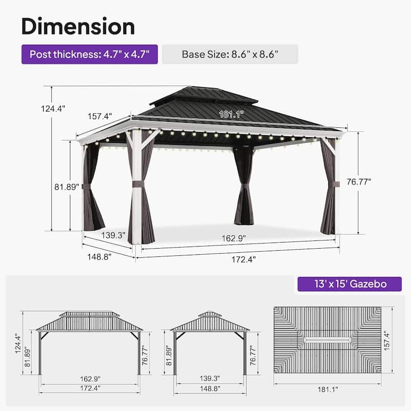 PURPLE LEAF Patio Hardtop Gazebo Pro for Outdoor Grey Galvanized Steel Double Roof White Aluminum Poles