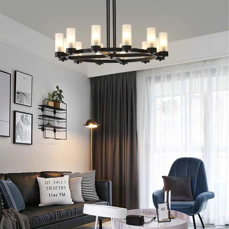 12 - Light Modern Round Chandelier with Frosted Glass Cylinder Shades