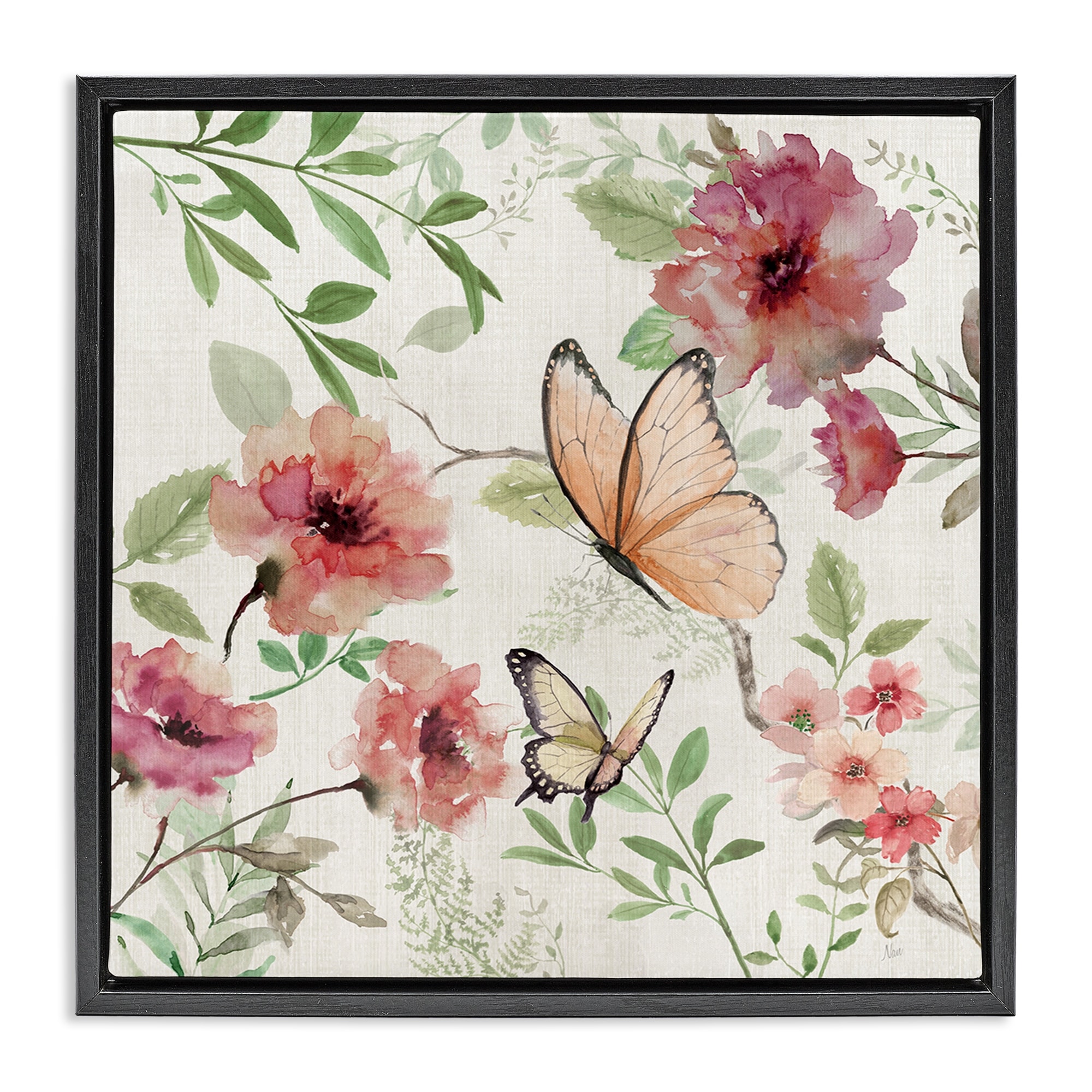 Stupell Butterflies over Wild Cottage Flowers Framed Floater Canvas Wall Art Design By Nan