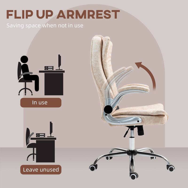 Executive Office Chair Flip-up Arms Microfiber High Back Swivel Computer Chair Adjustable Height Tilt Cream White