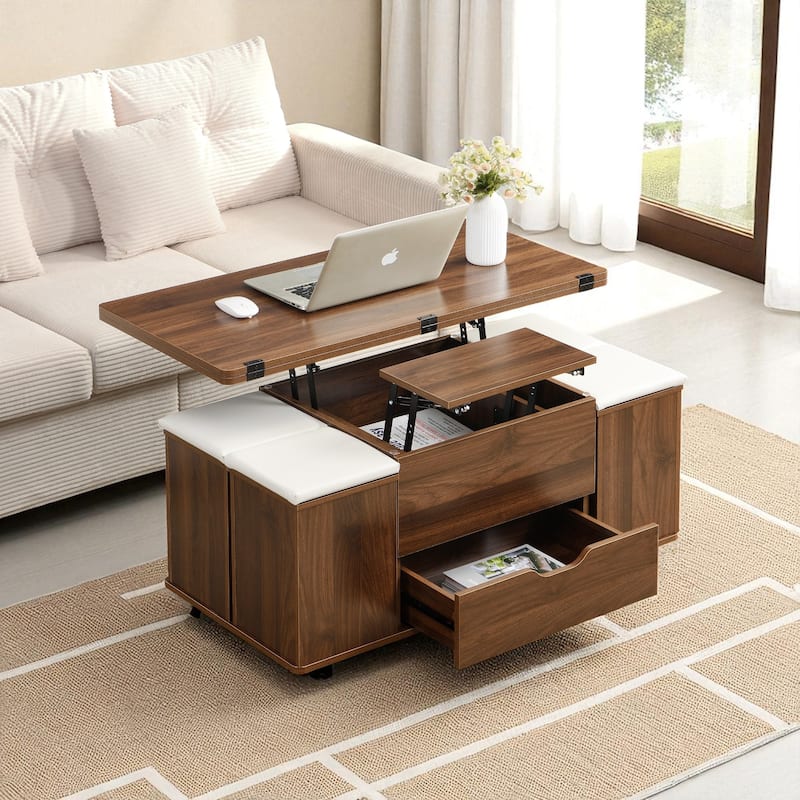 Multi-Functional Lift-Top Coffee Table with Hidden Storage, 4 Stools & Casters, Modern Center Table for Small Spaces