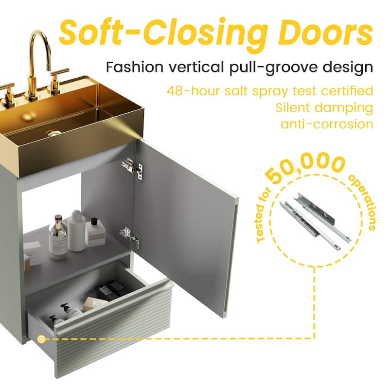 20" Striped Bathroom Vanity with Integrated Brushed Gold Stainless Steel Bathroom Sink, One-Piece Metal Basin without Faucet