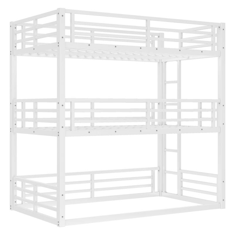 Roomfitters Twin/Full/Queen Metal Triple Bunk Bed with Safety Guardrails, Heavy-Duty Noise-Reduced Frame, White